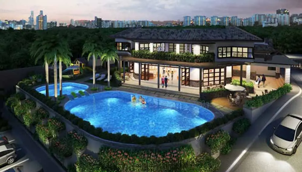A luxurious clubhouse and pool complex.