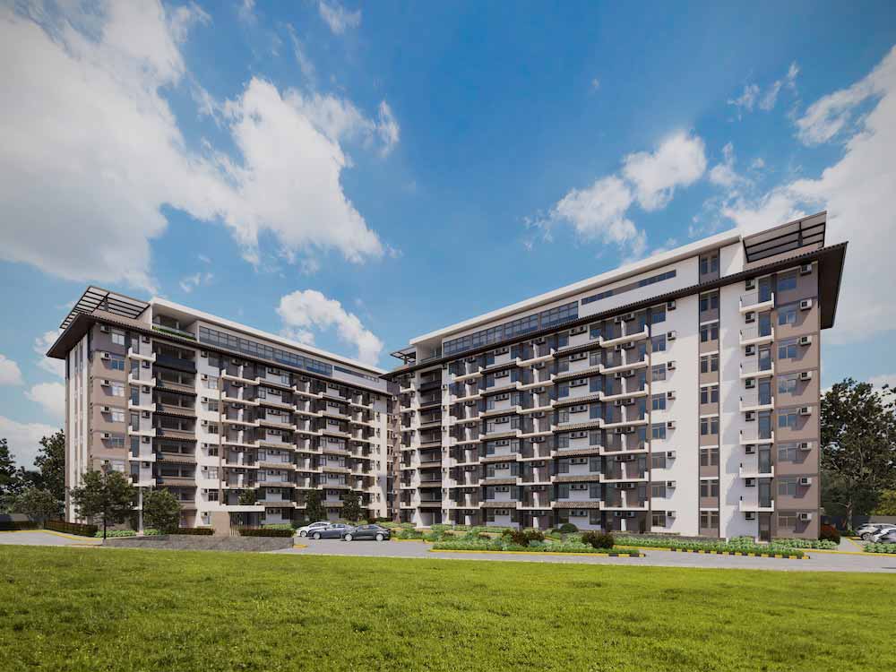 A rendering of a modern condominium complex with multiple buildings