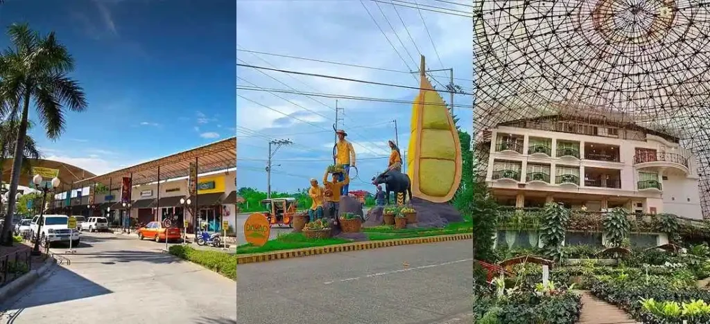 Collage showing accessible commercial areas, a durian landmark, and a resort structure, highlighting key locations near the Davao Matina Toril community.