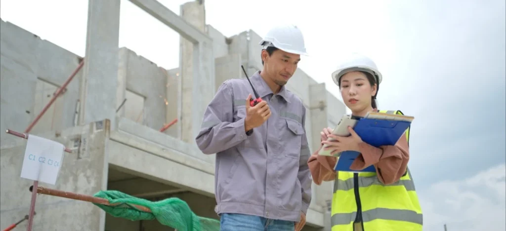 Site managers discussing quality control for resilient structural design Philippines housing project.