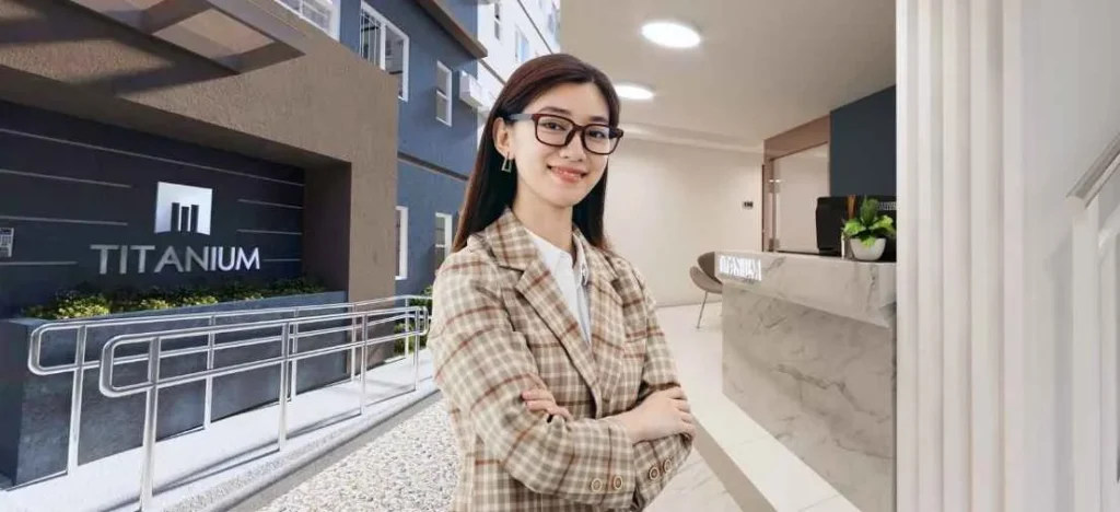 Professional woman in front of Titanium building, showing why Metrotowne is a condo investment for value-driven buyers.